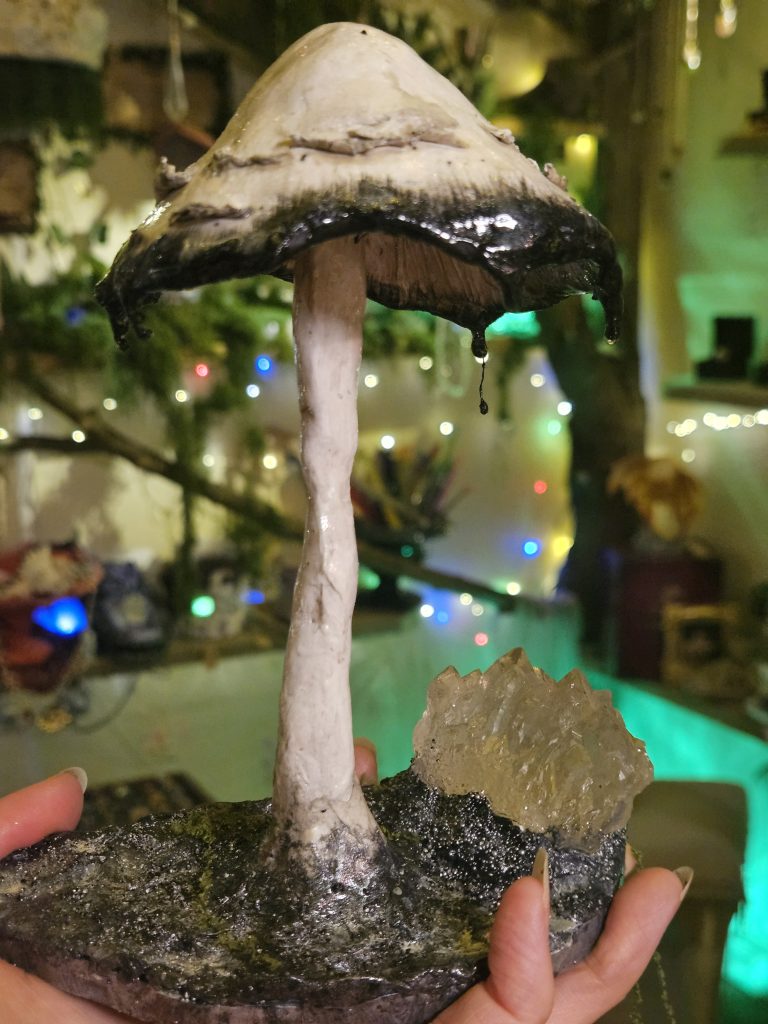 Hand crafted shaggy ink cap sculpture